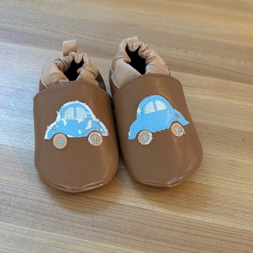 Brown Kids Leather Slip-On Shoes with Blue Car Applique